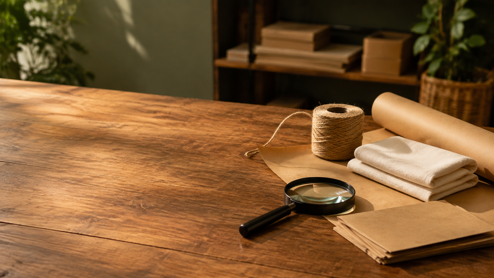 Escena editorial cálida con papel de embalaje, cuerda y una lupa sobre una mesa de madera