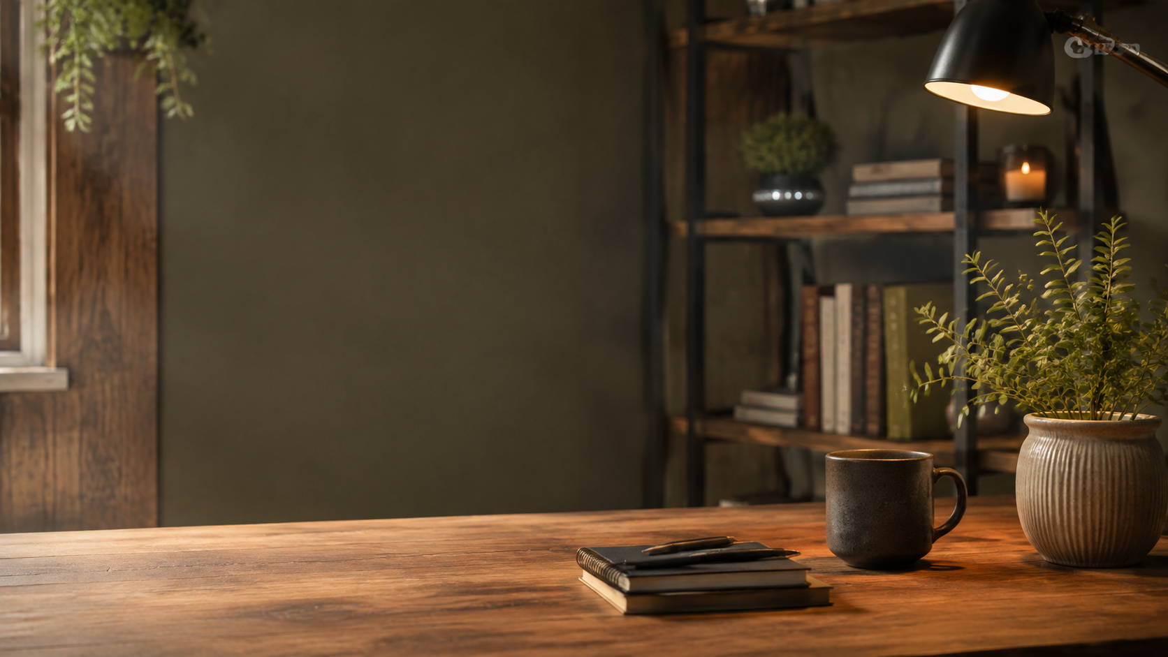 Mesa editorial de madera con espacio de lectura, estantería y luz cálida